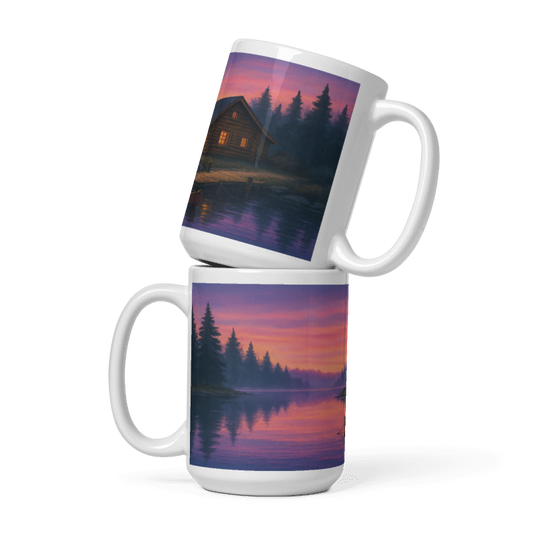 *White Glossy Mug - 15 oz. -Sunset Lake Cabin #GO001