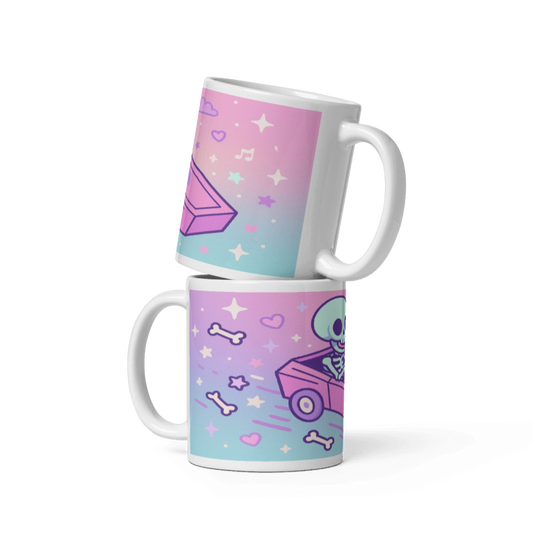 White Glossy 11 oz Mug - Skeleton Driving Coffin Car #PG013