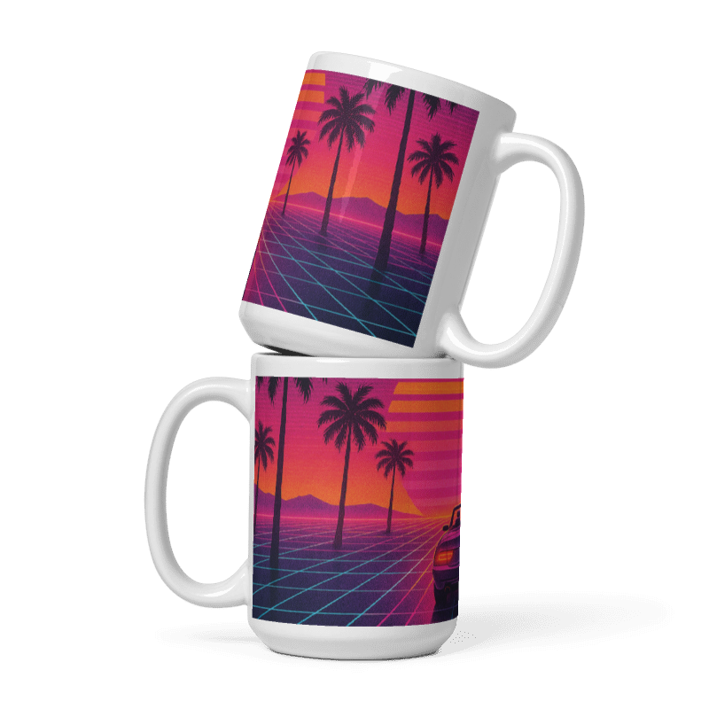 White Glossy 15 oz Mug -Sunset Car #VP006