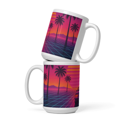 White Glossy 15 oz Mug -Sunset Car #VP006