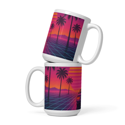White Glossy 15 oz Mug -Sunset Car #VP006