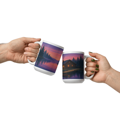 *White Glossy Mug - 15 oz. -Sunset Lake Cabin #GO001