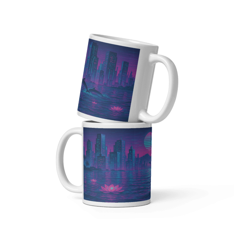 White Glossy 11 oz Mug - Dolphin Cityscape #VP014