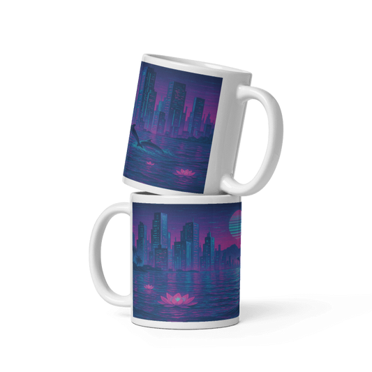 White Glossy 11 oz Mug - Dolphin Cityscape #VP014