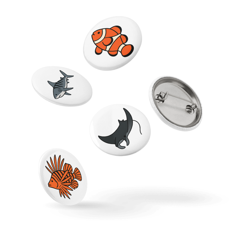 Set of 5 - 1.25" Pin Buttons - Sea Creatures #SCB001