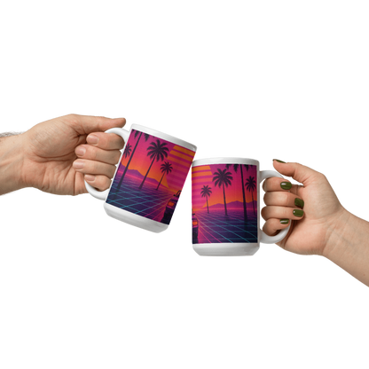 White Glossy 15 oz Mug -Sunset Car #VP006
