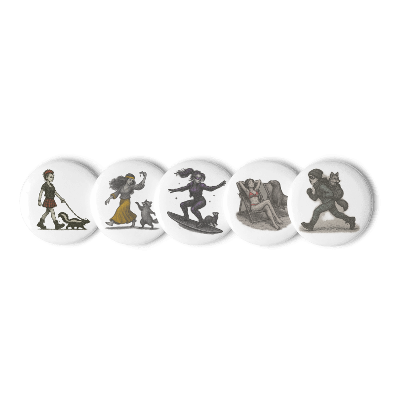 Set of 5 - 2.25" Pin Buttons- Animal Accomplices #AAB001