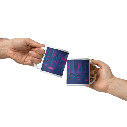 White Glossy 11 oz Mug - Dolphin Cityscape #VP014