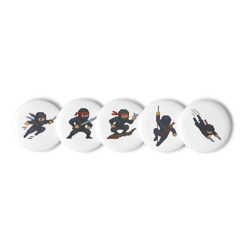 Set of 5 - 1.25" Pin Buttons- 8-Bit Ninja #8BB004