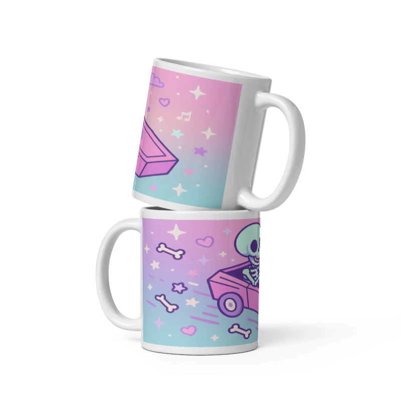 White Glossy 11 oz Mug - Skeleton Driving Coffin Car #PG013