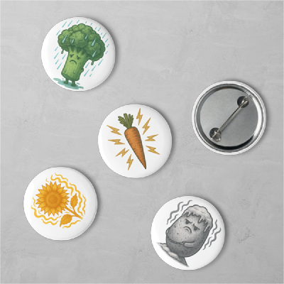 Set of 5 - 1.25" Pin Buttons- Assorted Vegetables #AVB001